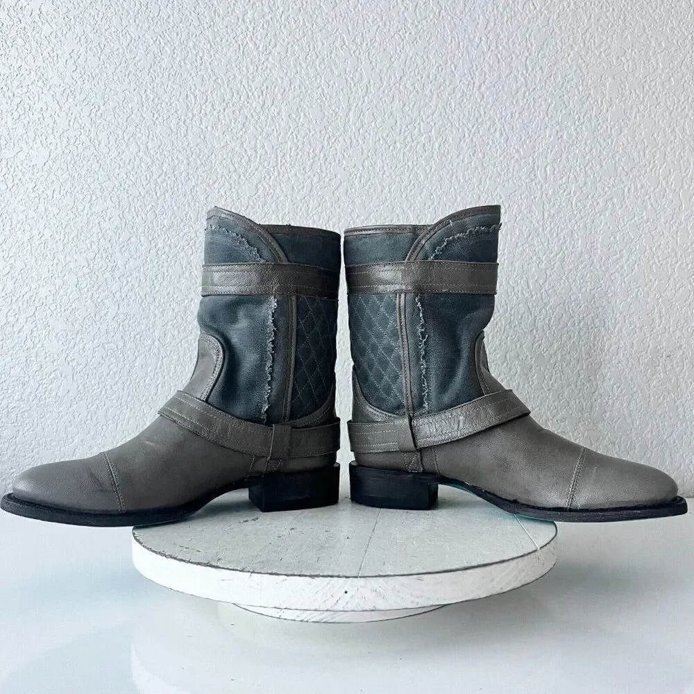 Lane Boots Womens Gray Leater Canvas Mid-Calf Western Moto Style Zip Size 7.5